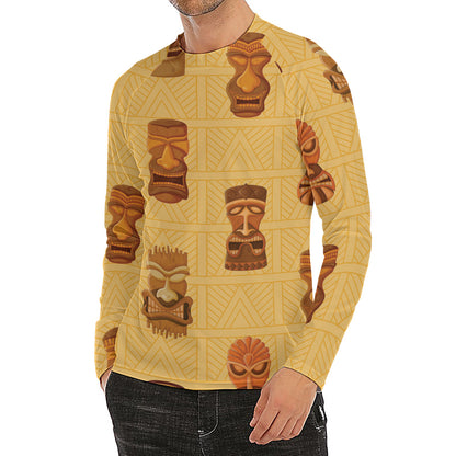 Tribal Tiki Mask Pattern Print Men's Long Sleeve Rash Guard