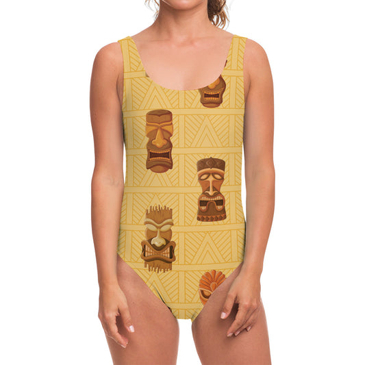 Tribal Tiki Mask Pattern Print One Piece Swimsuit