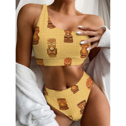 Tribal Tiki Mask Pattern Print One Shoulder Bikini Top