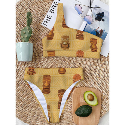 Tribal Tiki Mask Pattern Print One Shoulder Bikini Top