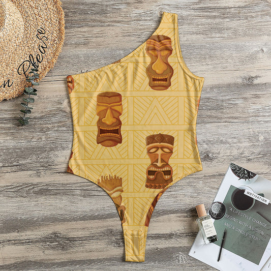 Tribal Tiki Mask Pattern Print One Shoulder Bodysuit