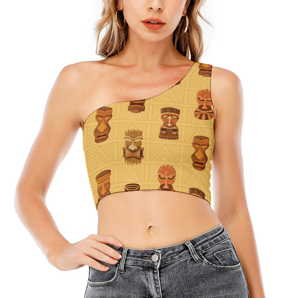 Tribal Tiki Mask Pattern Print One Shoulder Crop Top