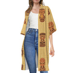 Tribal Tiki Mask Pattern Print Open Front Beach Cover Up