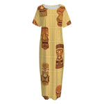Tribal Tiki Mask Pattern Print Short Sleeve Long Nightdress