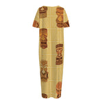 Tribal Tiki Mask Pattern Print Short Sleeve Long Nightdress