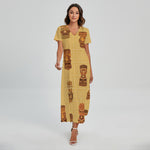 Tribal Tiki Mask Pattern Print Short Sleeve Maxi Dress