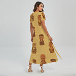 Tribal Tiki Mask Pattern Print Short Sleeve Maxi Dress