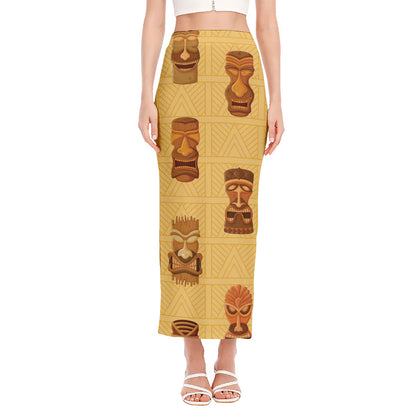 Tribal Tiki Mask Pattern Print Side Slit Maxi Skirt