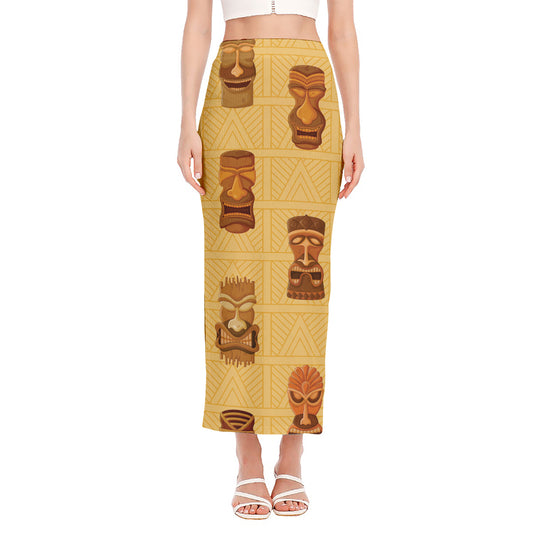 Tribal Tiki Mask Pattern Print Side Slit Maxi Skirt