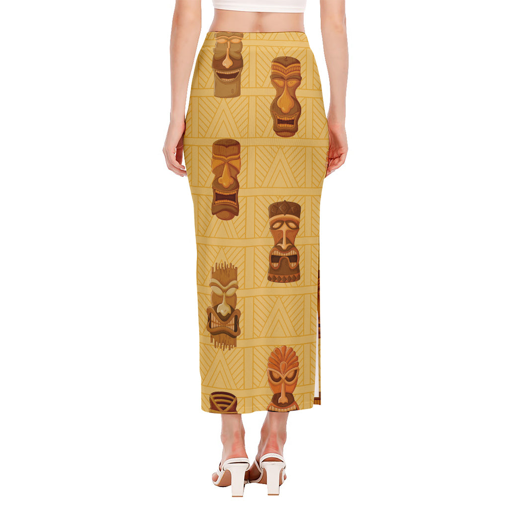 Tribal Tiki Mask Pattern Print Side Slit Maxi Skirt
