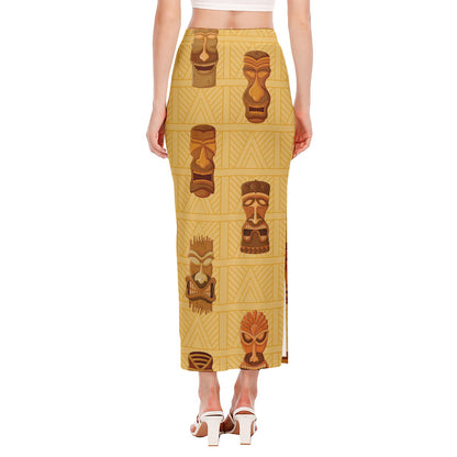 Tribal Tiki Mask Pattern Print Side Slit Maxi Skirt