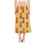 Tribal Tiki Mask Pattern Print Side Slit Midi Skirt