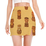Tribal Tiki Mask Pattern Print Side Slit Mini Skirt