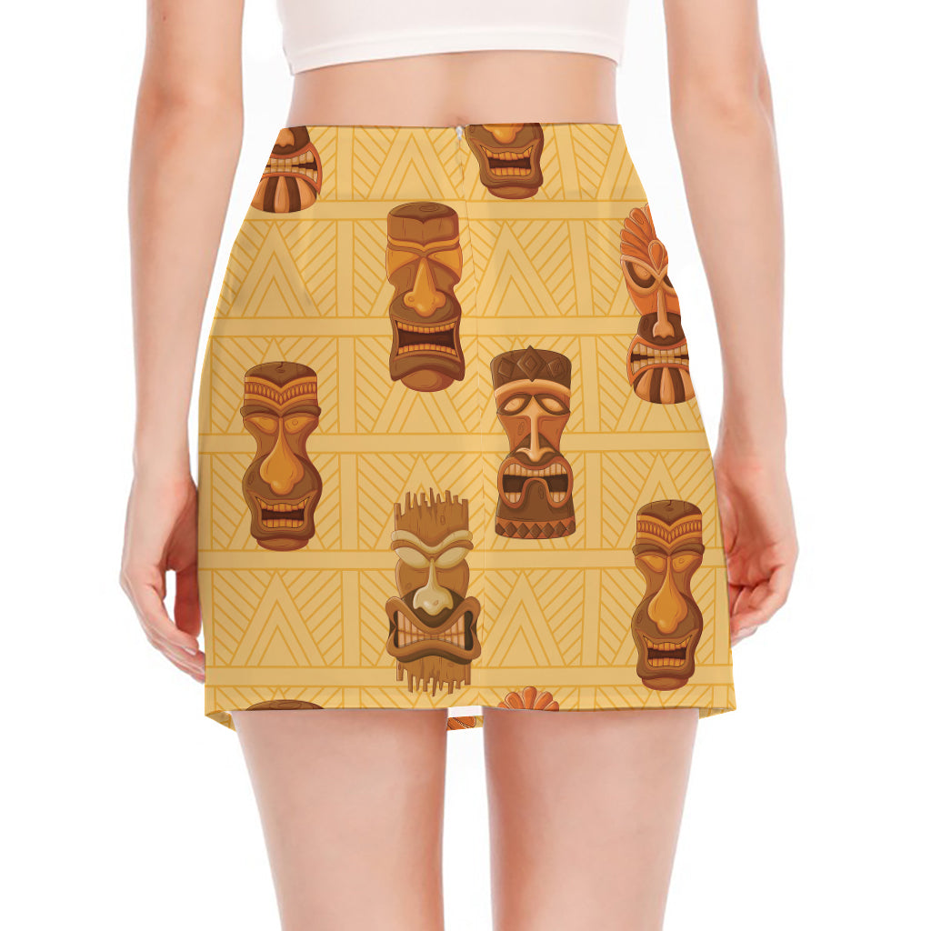 Tribal Tiki Mask Pattern Print Side Slit Mini Skirt