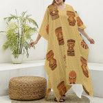 Tribal Tiki Mask Pattern Print Silk V-Neck Kaftan Dress