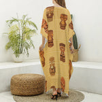 Tribal Tiki Mask Pattern Print Silk V-Neck Kaftan Dress