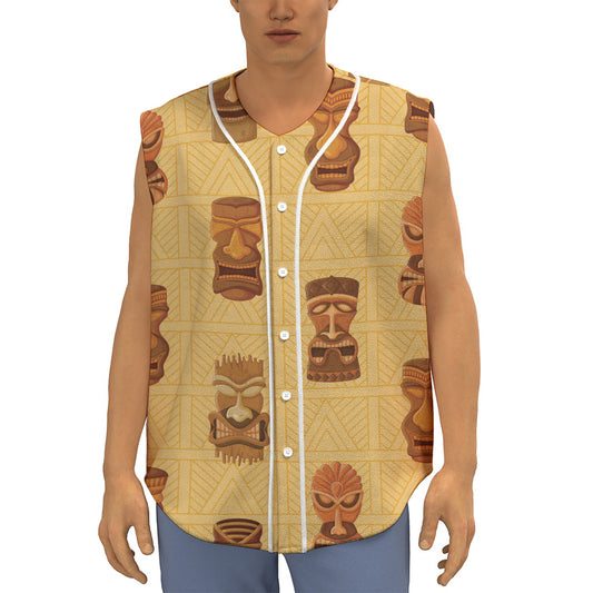 Tribal Tiki Mask Pattern Print Sleeveless Baseball Jersey