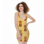 Tribal Tiki Mask Pattern Print Sleeveless Bodycon Dress