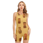 Tribal Tiki Mask Pattern Print Sleeveless One Piece Swimsuit