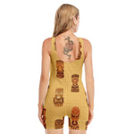 Tribal Tiki Mask Pattern Print Sleeveless One Piece Swimsuit