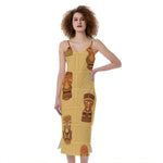 Tribal Tiki Mask Pattern Print Slim Fit Midi Cami Dress