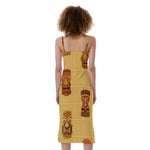 Tribal Tiki Mask Pattern Print Slim Fit Midi Cami Dress