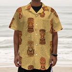 Tribal Tiki Mask Pattern Print Textured Short Sleeve Shirt