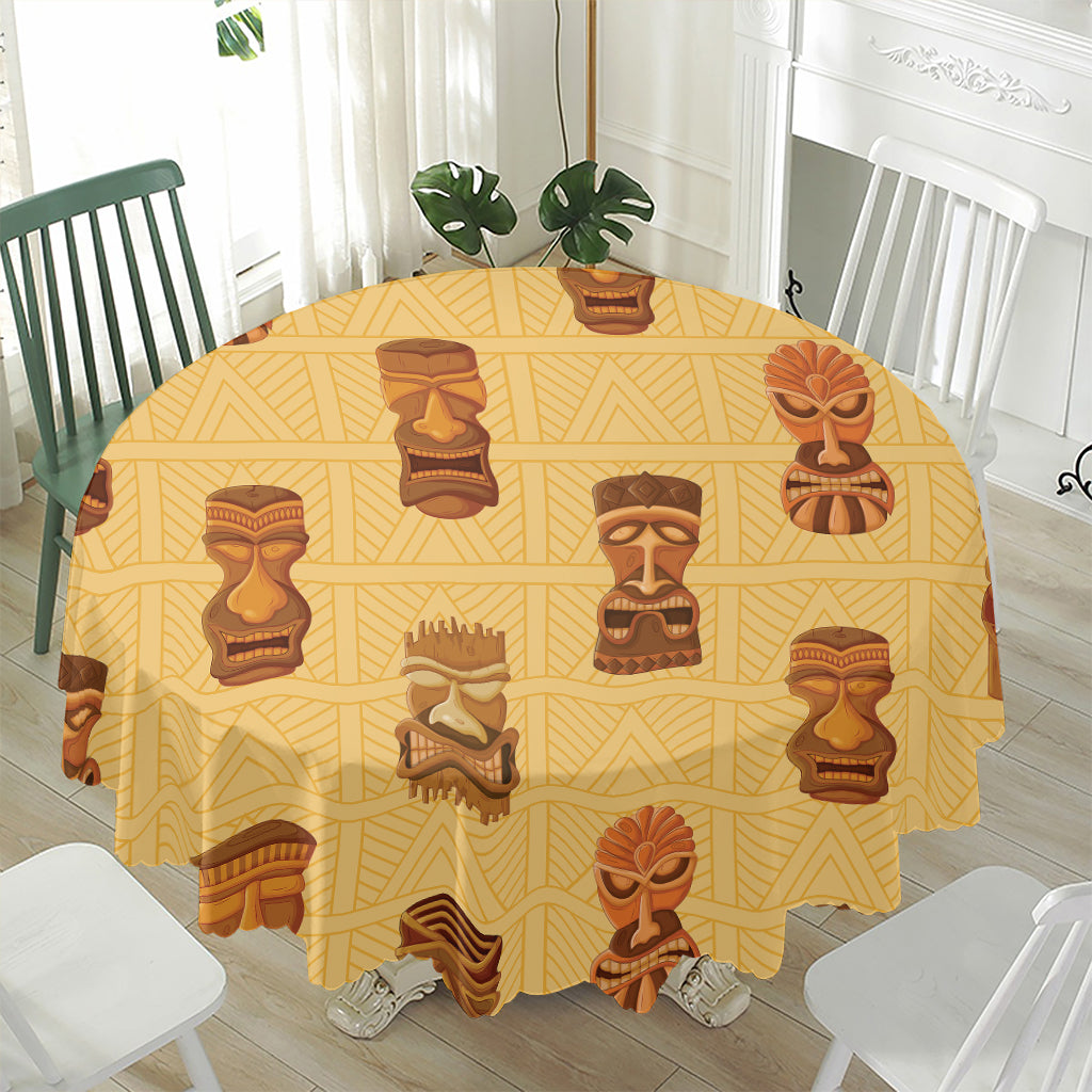Tribal Tiki Mask Pattern Print Waterproof Round Tablecloth