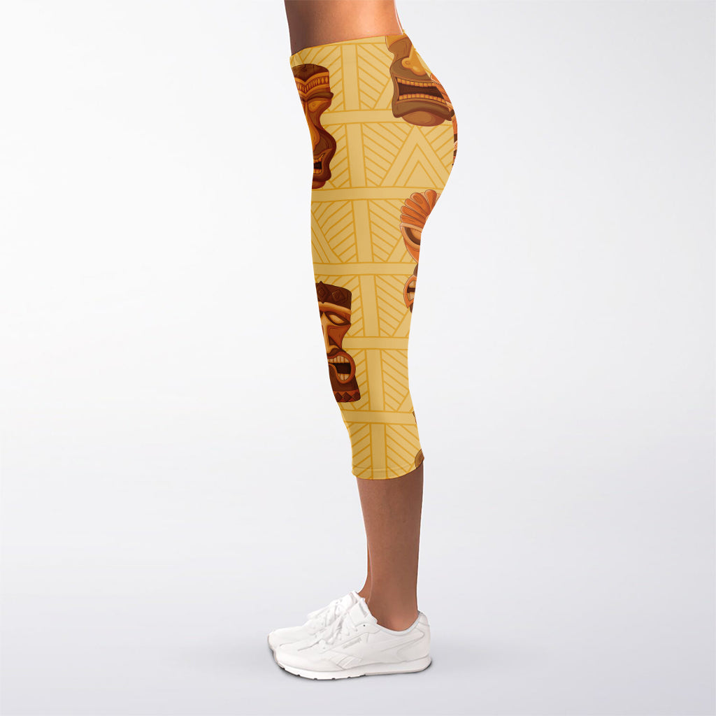 Tribal Tiki Mask Pattern Print Women's Capri Leggings
