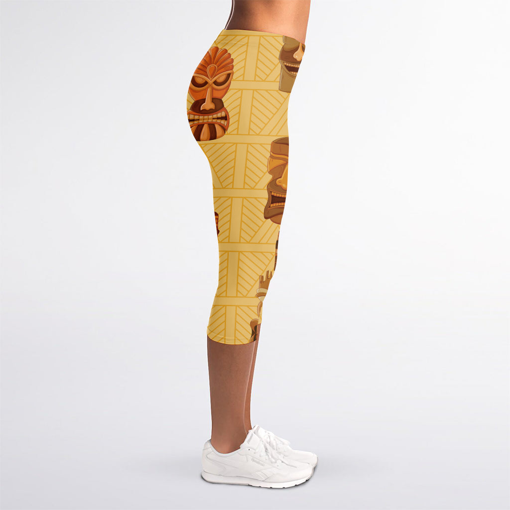 Tribal Tiki Mask Pattern Print Women's Capri Leggings