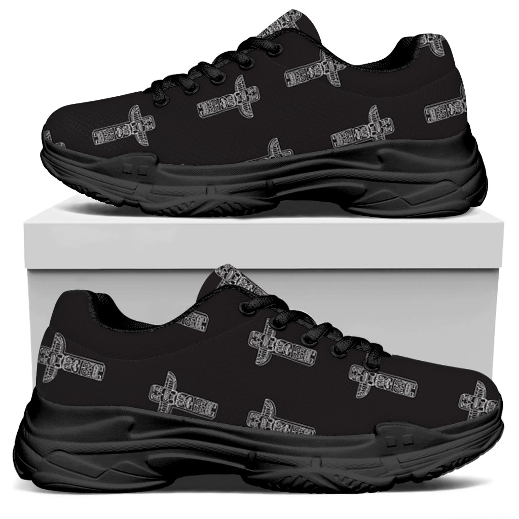Tribal Totem Pattern Print Black Chunky Shoes