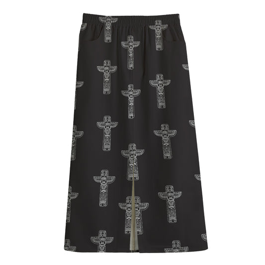 Tribal Totem Pattern Print Cotton Front Slit Maxi Skirt