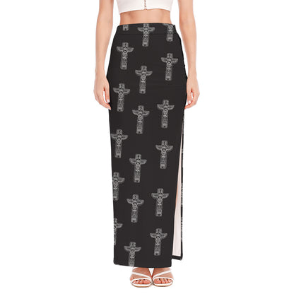 Tribal Totem Pattern Print High Slit Maxi Skirt