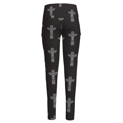 Tribal Totem Pattern Print High-Waisted Pocket Leggings