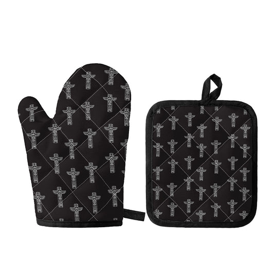 Tribal Totem Pattern Print Oven Mitt And Pot Holder Set