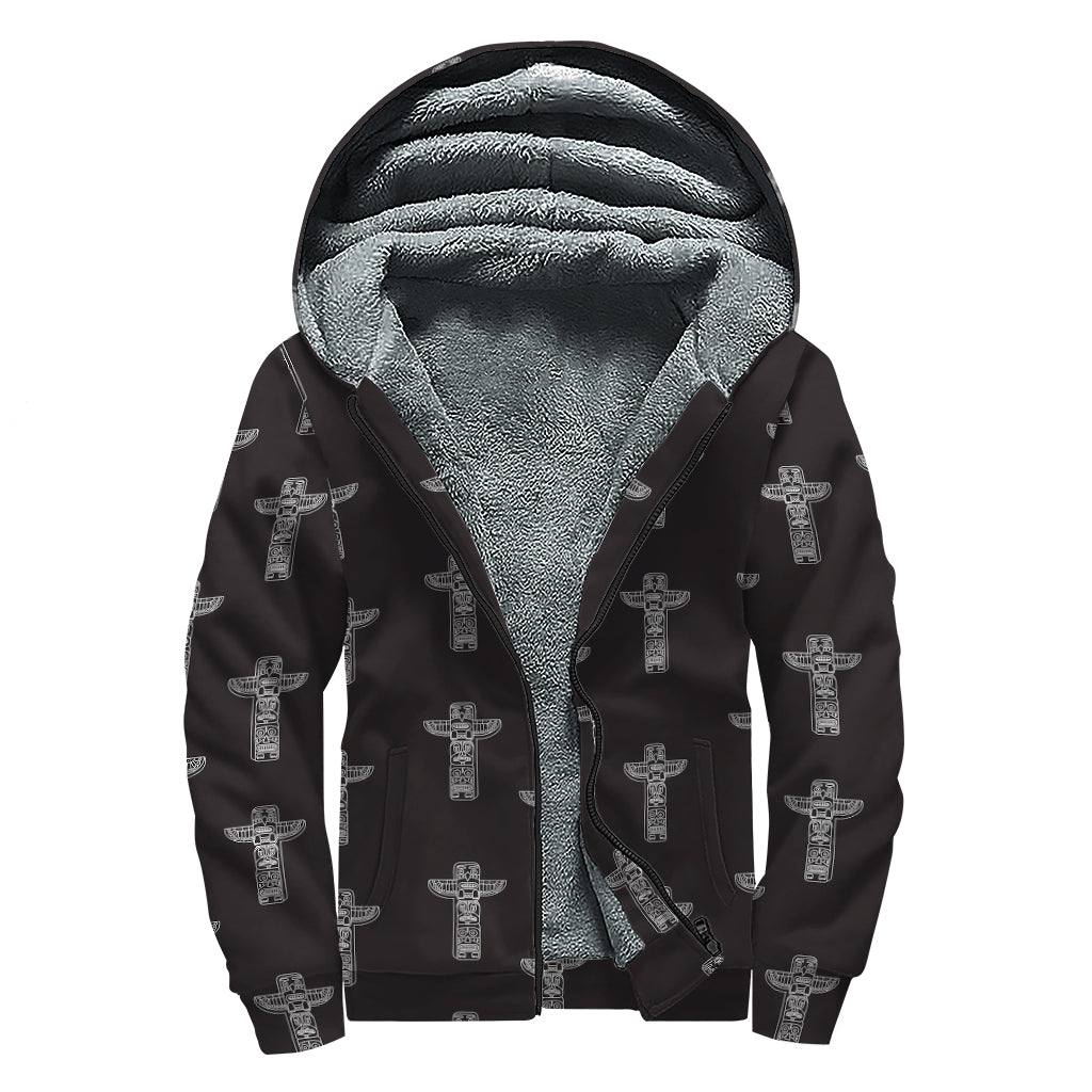 Tribal Totem Pattern Print Sherpa Lined Zip Up Hoodie