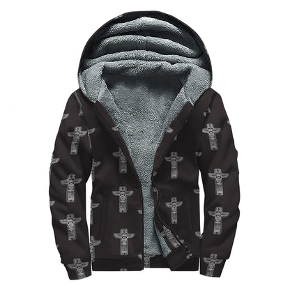 Tribal Totem Pattern Print Sherpa Lined Zip Up Hoodie