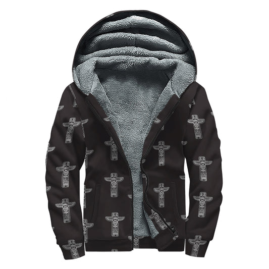 Tribal Totem Pattern Print Sherpa Lined Zip Up Hoodie