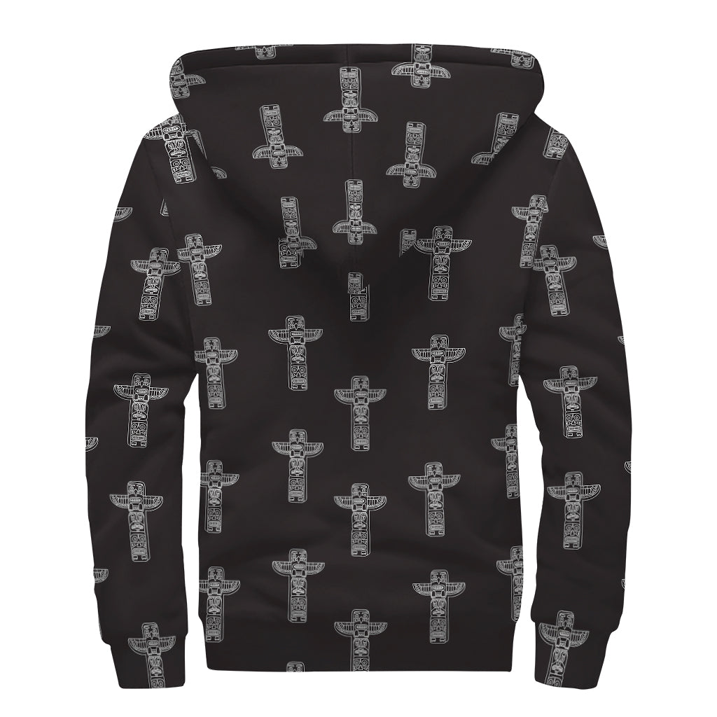 Tribal Totem Pattern Print Sherpa Lined Zip Up Hoodie