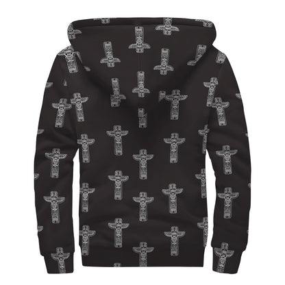 Tribal Totem Pattern Print Sherpa Lined Zip Up Hoodie