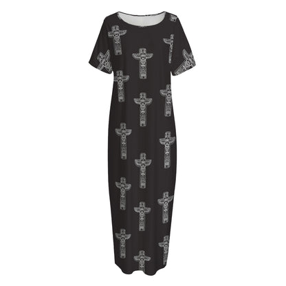 Tribal Totem Pattern Print Short Sleeve Long Nightdress