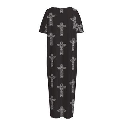Tribal Totem Pattern Print Short Sleeve Long Nightdress