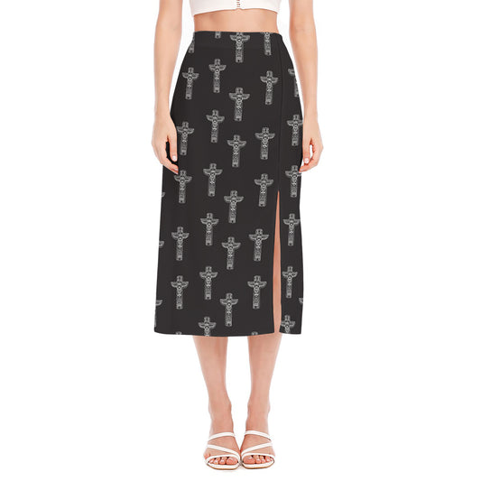 Tribal Totem Pattern Print Side Slit Midi Skirt