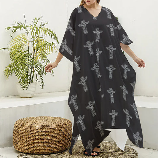 Tribal Totem Pattern Print Silk V-Neck Kaftan Dress