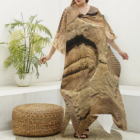 Trilobite Fossil Print Silk V-Neck Kaftan Dress
