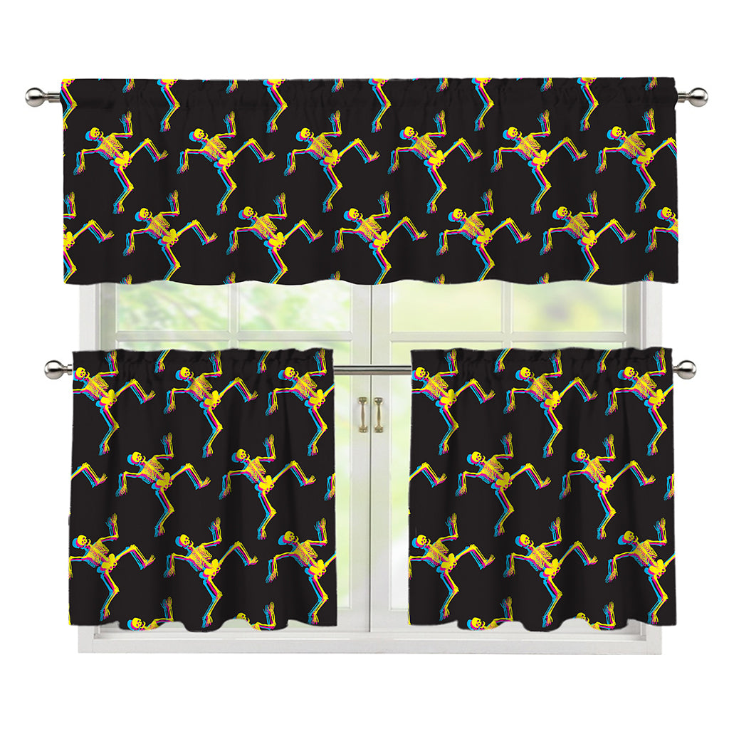Trippy Dancing Skeleton Pattern Print 3 Piece Kitchen Curtains