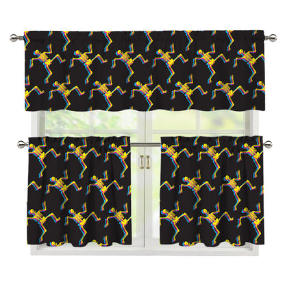 Trippy Dancing Skeleton Pattern Print 3 Piece Kitchen Curtains