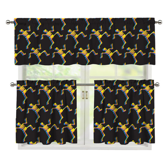 Trippy Dancing Skeleton Pattern Print 3 Piece Kitchen Curtains