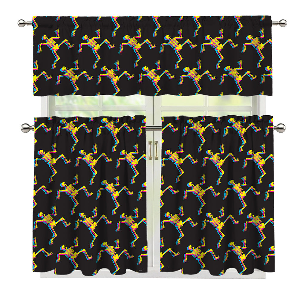 Trippy Dancing Skeleton Pattern Print 3 Piece Kitchen Curtains