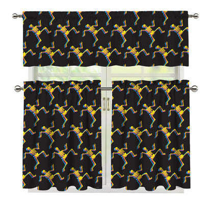 Trippy Dancing Skeleton Pattern Print 3 Piece Kitchen Curtains